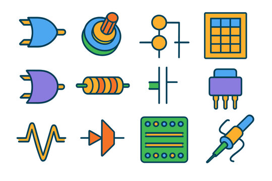 Bright Analog Logic Icons. Isometric vector illustration set Analog Logic: XOR gate, rotary switch, analog circuit diagram, truth
