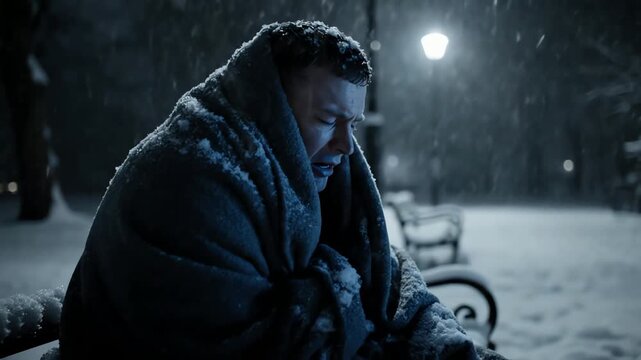 A desperate homeless man shivers on a park bench, wrapped in a blanket during a cold winter snowstorm at night.