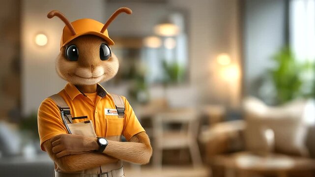 Pest control service mascot character displaying professional extermination expertise in residential home interior, friendly cartoon insect mascot, defocused room background, with