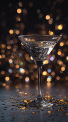 Cocktail glass with shimmering liquid, silver and gold confetti, deep shadows