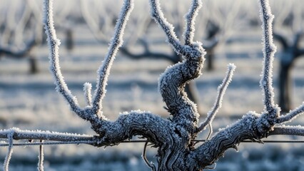 Frost-covered dormant grapevines in a winter vineyard landscape at sunrise.
