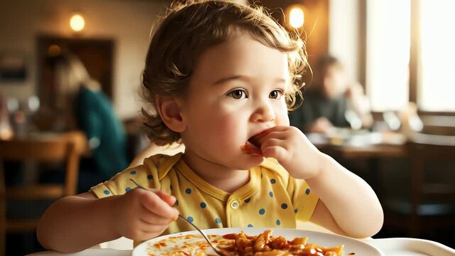 Adorable toddler with a messy face enjoys eating pasta with a fork in a restaurant high chair.