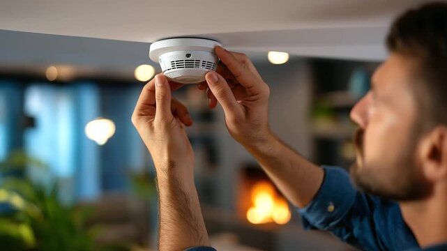 Faceless person's hand installing modern white smoke detector on ceiling, home safety and fire prevention concept, residential interior, with copy space