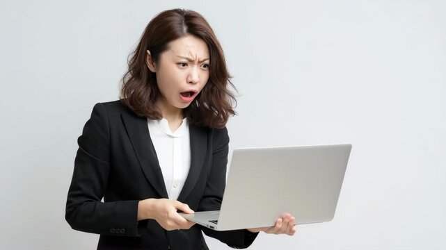 怒りをにじませパソコンを閉じる日本人女性ビジネスパーソン