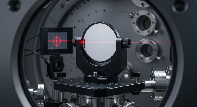 Precision mirror mounted on gimbal stage inside interferometer chamber for angular alignment and surface flatness testing.