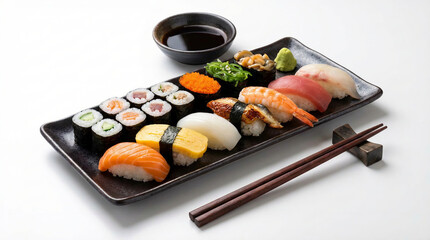 Japanese sushi set on black plate with soy sauce and chopsticks against white backdrop