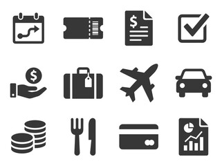 Collection of Travel and Business Icons Representing Planning and Expenses.