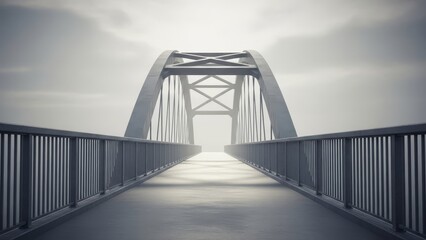 Obraz premium A steel bridge extends into fog, creating a serene and minimalist scene of modern architecture.