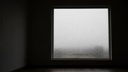 Large window with raindrops with a foggy view outside, invoking a calm mood.