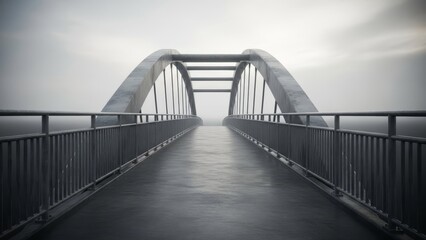 Obraz premium A steel arch bridge spans over foggy surroundings, evoking a serene atmosphere.