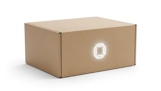 A plain cardboard box featuring a glowing digital icon, set in a white space. - Powered by Adobe