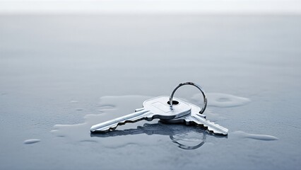 Close-up of silver keys on a reflective wet surface, hinting at themes of security and loss.