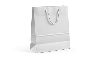A white paper shopping bag with handles on a plain background, ideal for retail and branding.