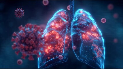 Digital representation of human lungs infected by virus particles in a medical illustration - Powered by Adobe