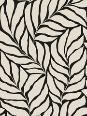 Seamless abstract black and grey foliage poster vector. Leaves, organic shapes, earth tone colors, leaf branch. Illustration design for Eco packaging, interior, cover,  wallpaper, market. Monochrome