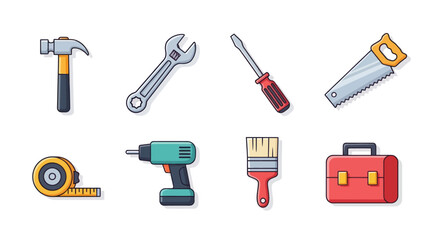 Collection of hand tools hammer wrench screwdriver saw drill brush