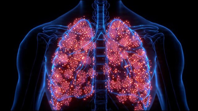 digital visualization of human lungs with neural network activity depicting breathing process and