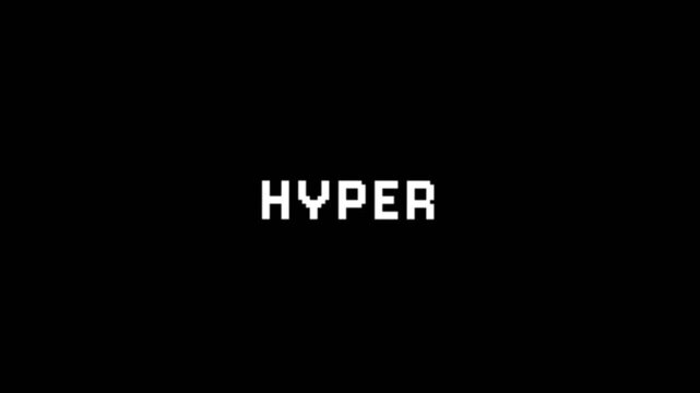 Minimal text loop animation displaying the word hyper in bold white letters on a black background, expressing energy, intensity, and modern digital visual
