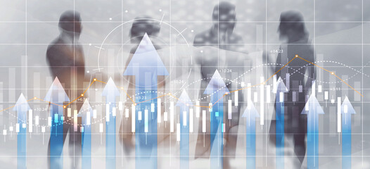 Businesspeople analyzing financial growth charts and data on digital screen