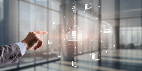 Naklejka na ściany i meble Digital technology data exchange cloud computing global business concept. Cloud computing on a virtual screen