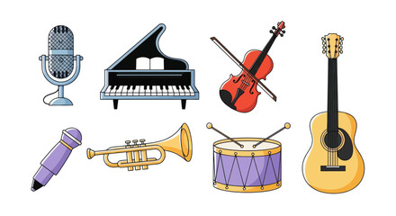 Collection of musical instruments isolated on white background vector illustration