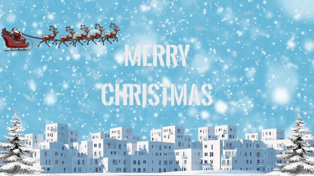 Merry Christmas Greeting with Santa Claus Sleigh Above Winter City, digital rendering