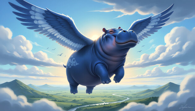 blaues Nilpferd fliegt &uuml;ber eine Landschaft mit Dschungel und Fluss