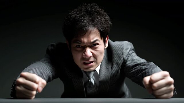 机を叩き激昂する日本出身のビジネスマンのスタジオ構図