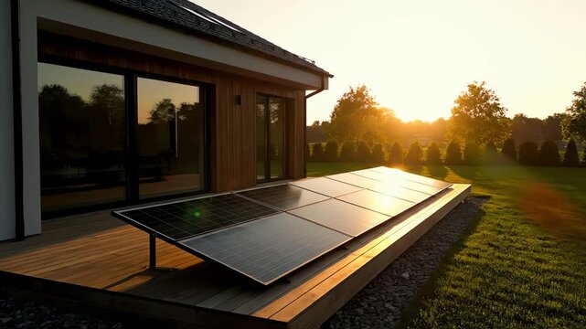 Modern home with ground-mounted solar panels on a wooden deck at a beautiful sunset.