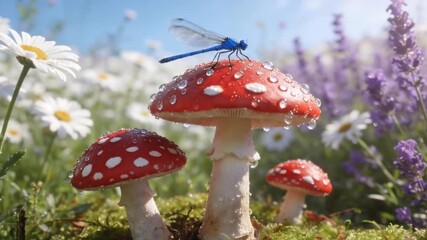 Idyllic summer scene of a blue damselfly resting on a red fly agaric mushroom covered in water droplet dew drops and wild flowers - Powered by Adobe
