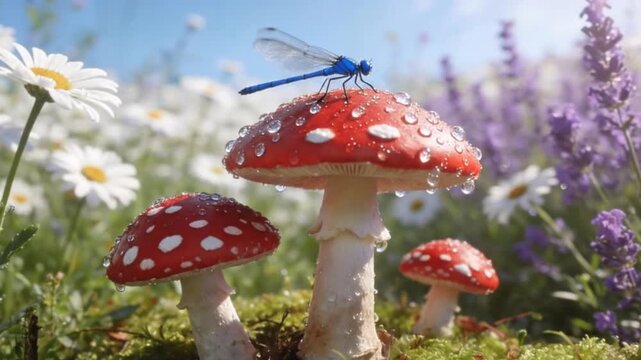 Idyllic summer scene of a blue damselfly resting on a red fly agaric mushroom covered in water droplet dew drops and wild flowers
