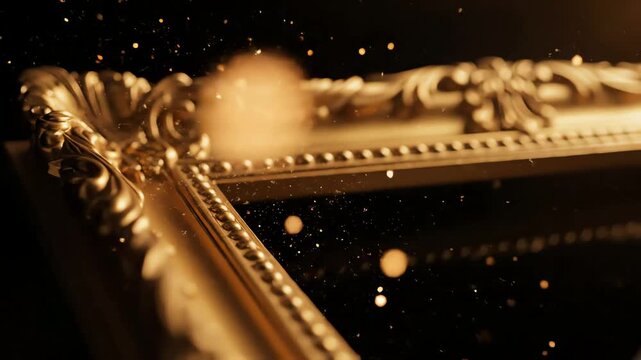 A luxurious close up of an ornate antique gold picture frame with sparkling glitter particles on a dark background.