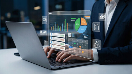 AI payroll system interface showing employee salary data, budgeting graphs, and monthly calendar used on laptop for digital finance management and automated compensation planning in business setup
