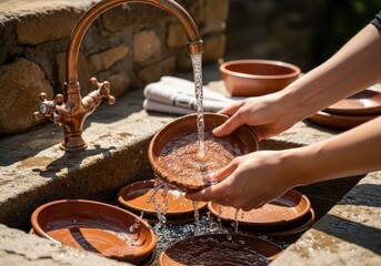 Washing rustic terracotta dishes under an outdoor bronze faucet