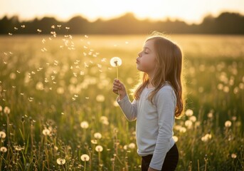 Child's wish: Girl blowing dandelion seeds in a golden field