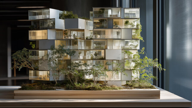 A sleek architectural model showing modular housing capsules stacked vertically to form a futuristic eco-tower &mdash; micro-living solutions, sustainable urban design, and compact residential
