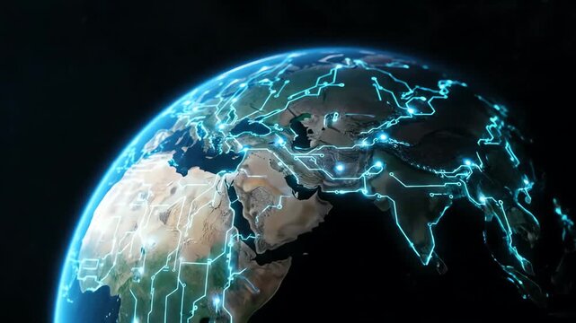 Bright animated circuit patterns radiating and expanding over the globe, illustrating global digital connectivity and future technology network concept