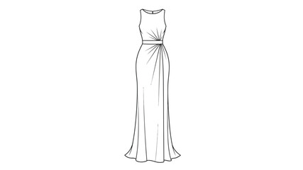 A simple black and white fashion sketch of a long elegant sleeveless dress with a tied waist