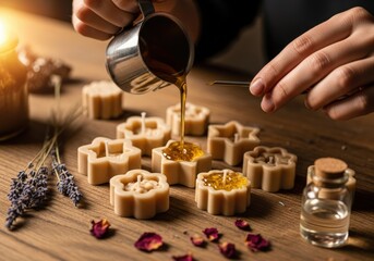 Handcrafting Decorative Candles with Golden Wax and Lavender Scents