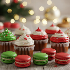 Christmas Cupcakes and Macarons with Festive Bokeh Lights