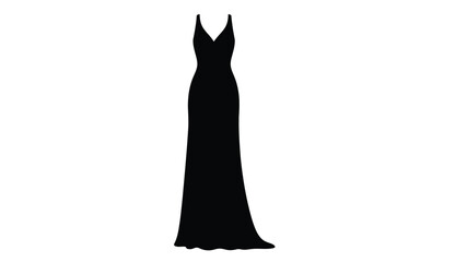 A black silhouette of a long flowing evening gown against a plain white background