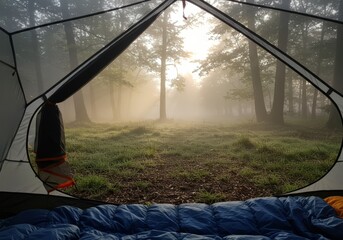 A Serene Morning View from Inside a Tent, Misty Forest