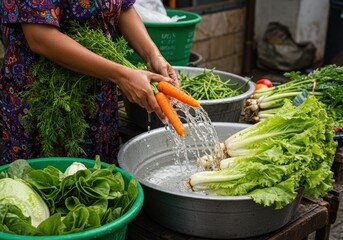 Washing fresh market produce, hands cleaning colorful vegetables