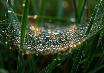Shimmering Dew Drops on a Delicate Spiderweb in Golden Light