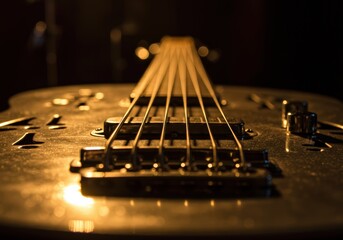Warm glow on electric bass guitar strings and body details