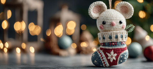 Adorable crocheted mouse peeks out of a festive knit stocking, surrounded by glowing Christmas lights..Perfect for holiday greeting cards, festive product ads, or seasonal social media content.
