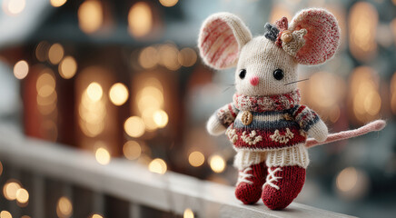 Handmade plush mouse in wool sweater and boots, set against glowing bokeh holiday lights..Ideal for warm seasonal content, craft blogs, or toy store social media campaigns.