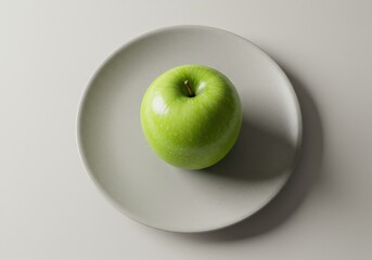 Fresh Green Apple on a Simple Grey Plate, Minimalist Still Life