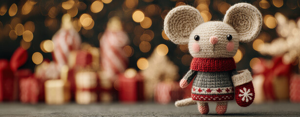 Amigurumi mouse holding a mitten, dressed for the holidays with sparkling golden lights and gift boxes in the background. Great for DIY blog headers, holiday gift guides, social media posts