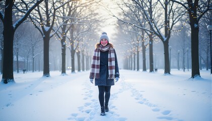 Joyful woman with rosy cheeks from the cold, bundled in a checkered scarf and beanie hat, walking along a snow-dusted park path lined with bare trees strung with fairy lights, fresh footprints trailin